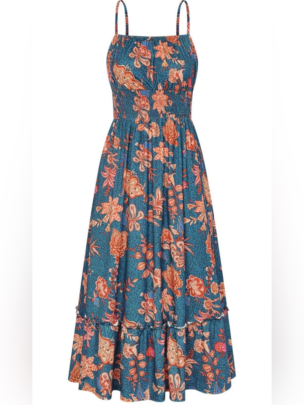 Grace Karin Teal Blue Floral Maxi Dress with Orange Accents